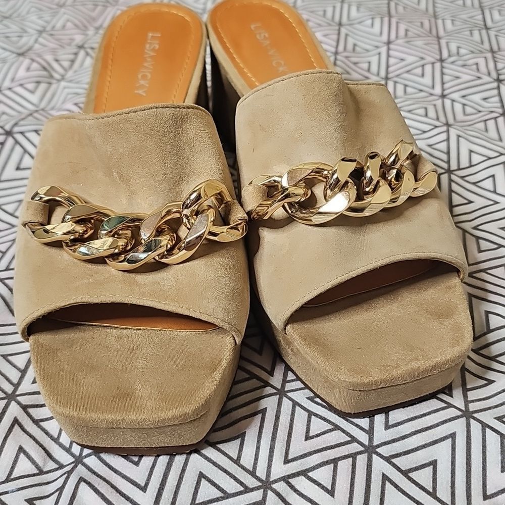 Lisa Vicky 6 Platform Slide Tan Suede Block Heel Mules Sandal Chunky Gold Chain - Picture 3 of 10